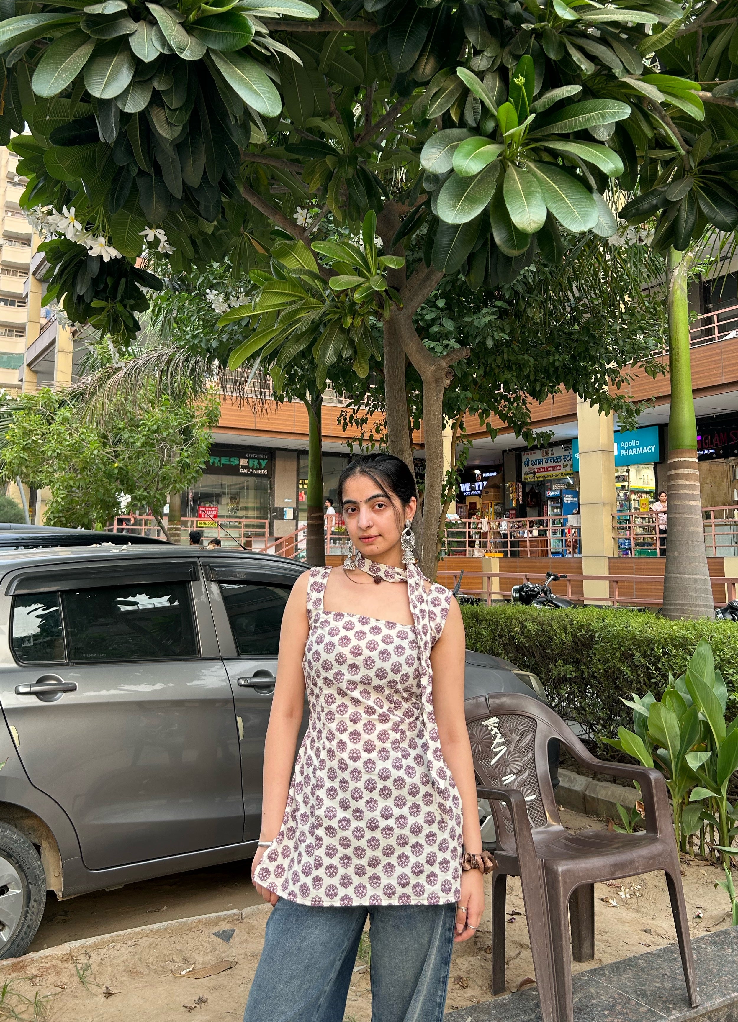 Purple Floral tie-back Short Kurti with Scandinavian scarf