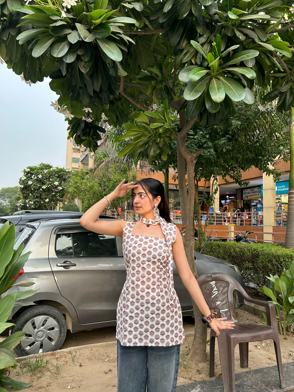 Purple Floral tie-back Short Kurti with Scandinavian scarf