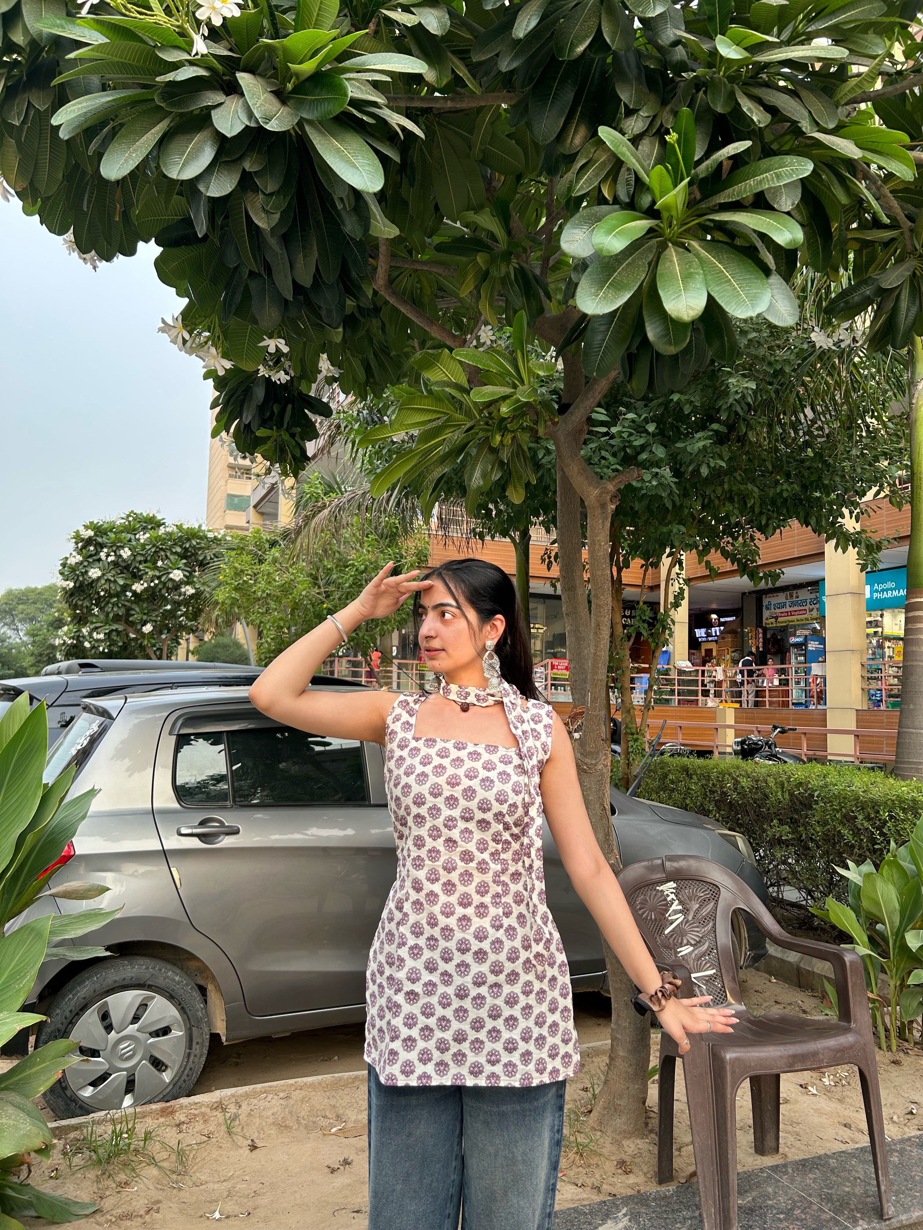 Purple Floral tie-back Short Kurti with Scandinavian scarf