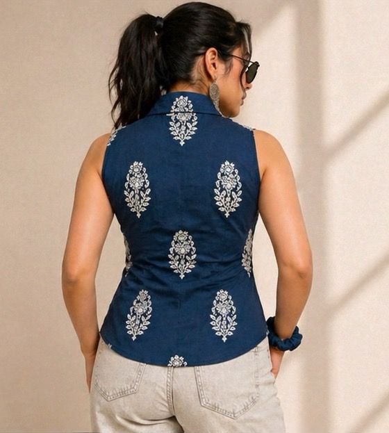 Indigo Floral Sleeveless Shirt