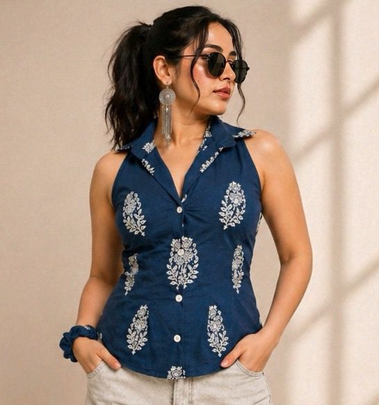 Indigo Floral Sleeveless Shirt
