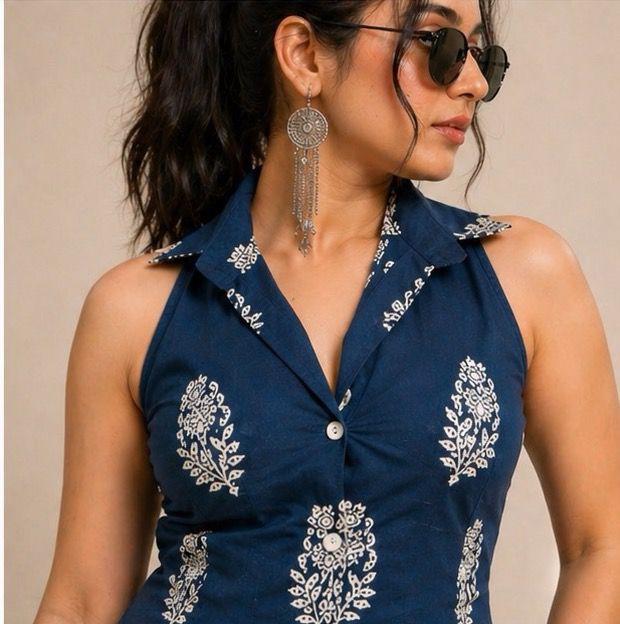 Indigo Floral Sleeveless Shirt